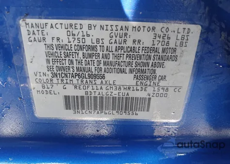 2016 Nissan Versa 1.6 Sl из США, поврежденный, VIN 3N1CN7AP6GL909556